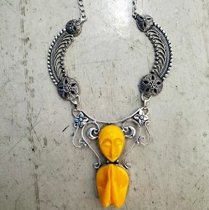 New Yellow Carved Praying Goddess 925 Silver Necklace.